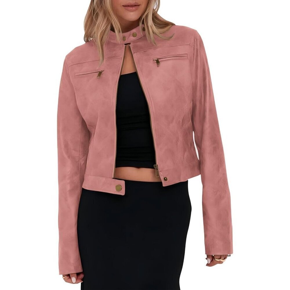 Women's Pink Faux Leather Cropped jackets Casual Vintage Zip Motorcycle Jacket